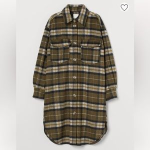 EUC H&M ARMY KHAKI GREEN PLAID LONG OVER SHIRT SHACKET JACKET OVERSIZED SZ XS